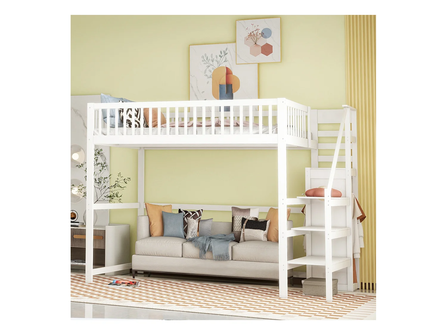 Lit mezzanine 140x200cm - lit enfant avec escalier avec armoir, sommier à lattes, antichute - blanc