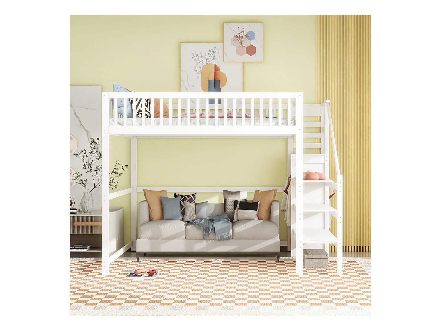 Lit mezzanine 140x200cm - lit enfant avec escalier avec armoir, sommier à lattes, antichute - blanc