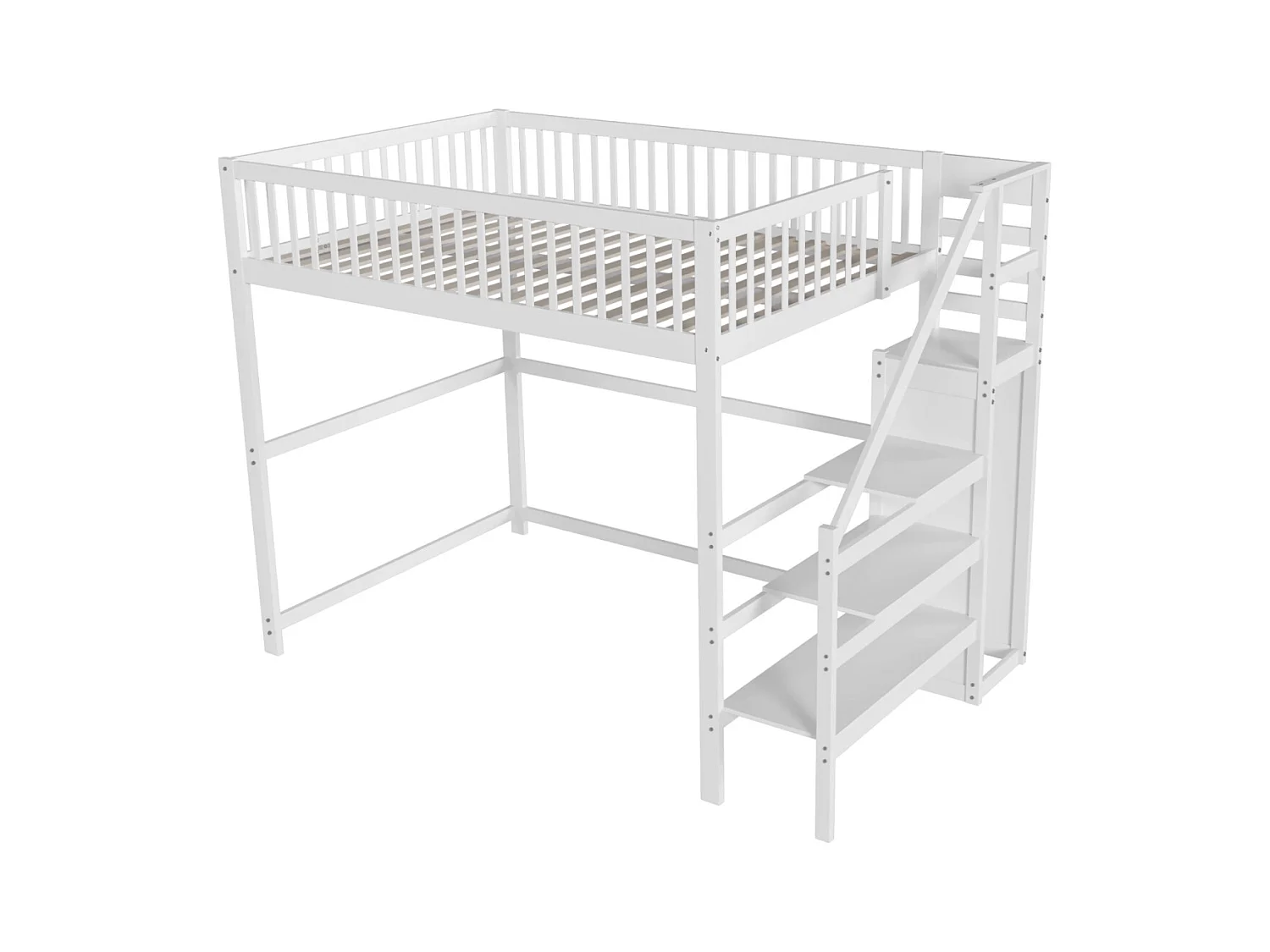 Lit mezzanine 140x200cm - lit enfant avec escalier avec armoir, sommier à lattes, antichute - blanc
