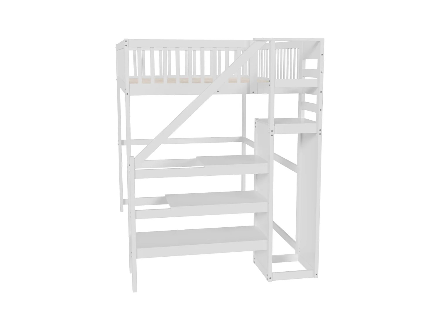 Lit mezzanine 140x200cm - lit enfant avec escalier avec armoir, sommier à lattes, antichute - blanc