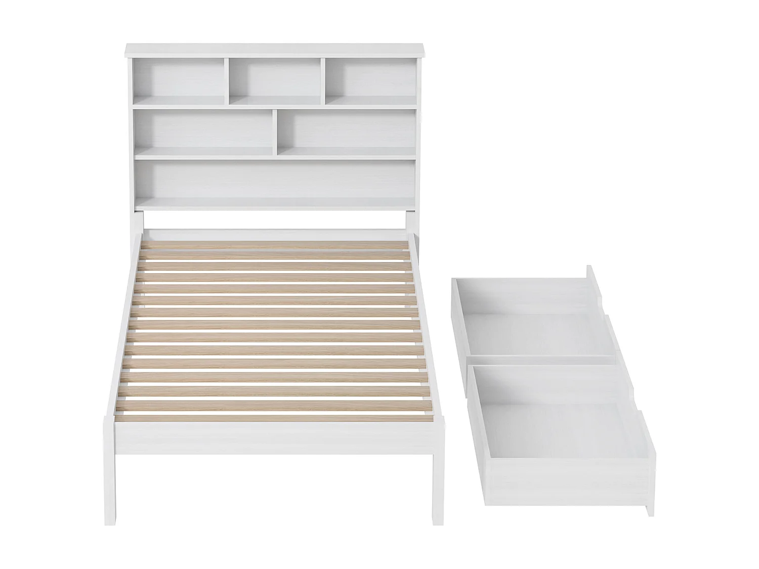 90*200cm Kinderbedframe, Houten Kinderbed, Vlak Bed voor Tieners, Bed met 2 Opbergladen, Stevig en Duurzaam Familiebed voor Kinderen
