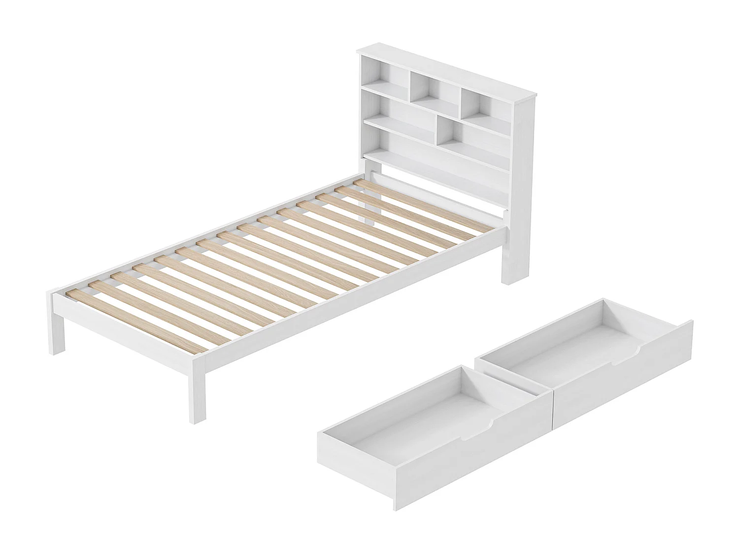 90*200cm Kinderbedframe, Houten Kinderbed, Vlak Bed voor Tieners, Bed met 2 Opbergladen, Stevig en Duurzaam Familiebed voor Kinderen