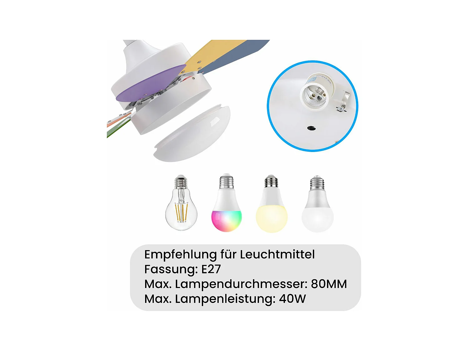 NETTLIFE Ventilateur de plafond blanc avec éclairage, télécommande, silencieux, avec minuterie, 6 pales, pour chambre à coucher