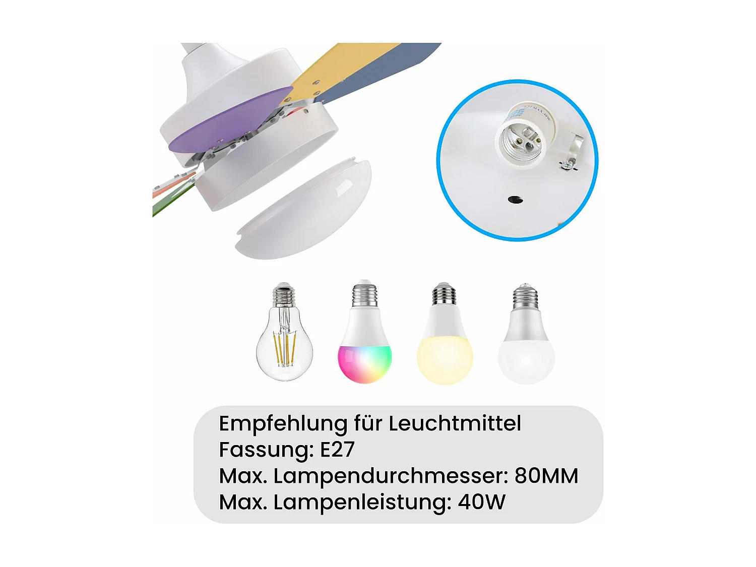 NETTLIFE Ventilateur de plafond blanc avec éclairage, télécommande, silencieux, avec minuterie, 6 pales, pour chambre à coucher