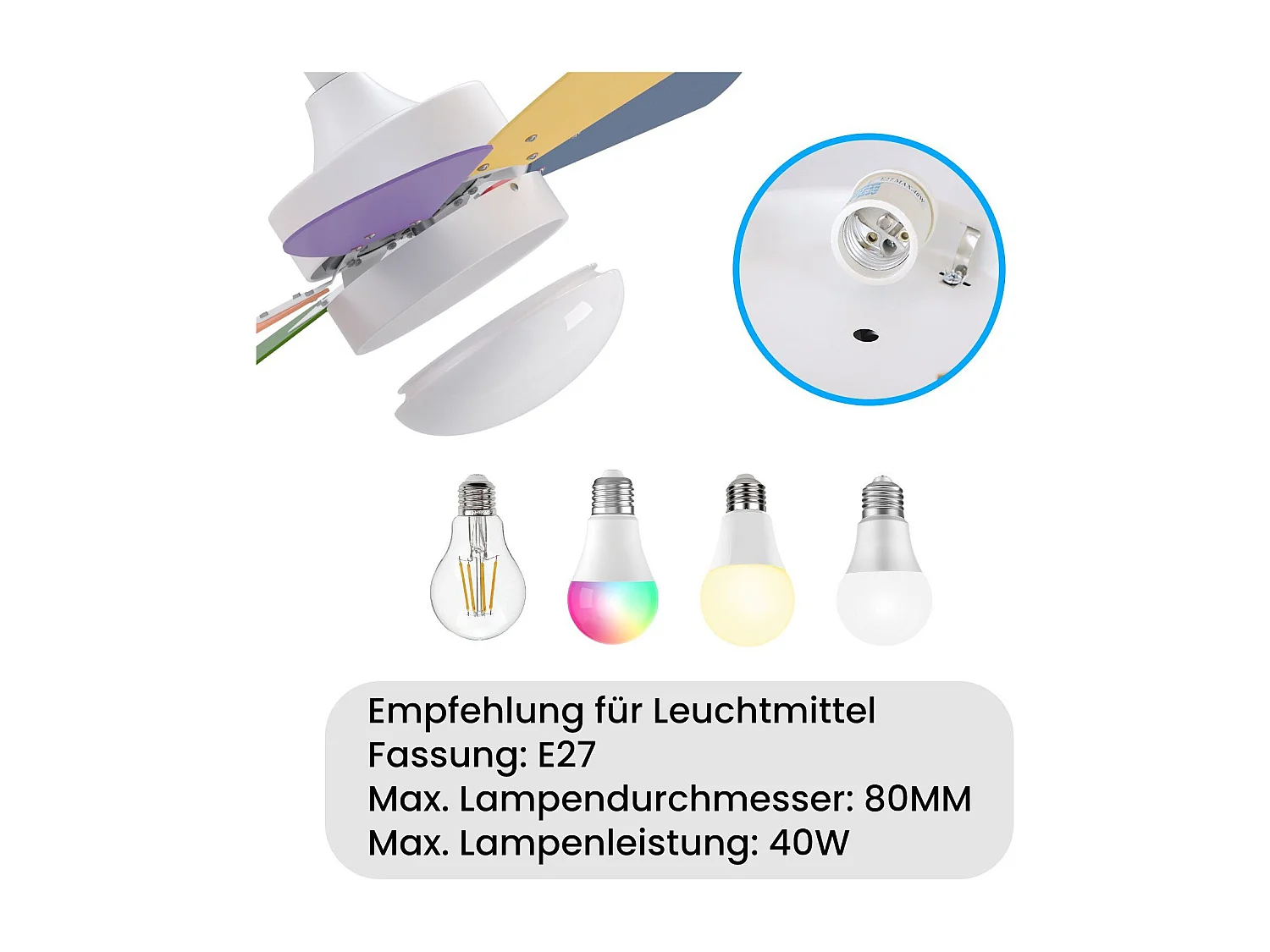 NETTLIFE Ventilateur de plafond blanc avec éclairage, télécommande, silencieux, avec minuterie, 6 pales, pour chambre à coucher