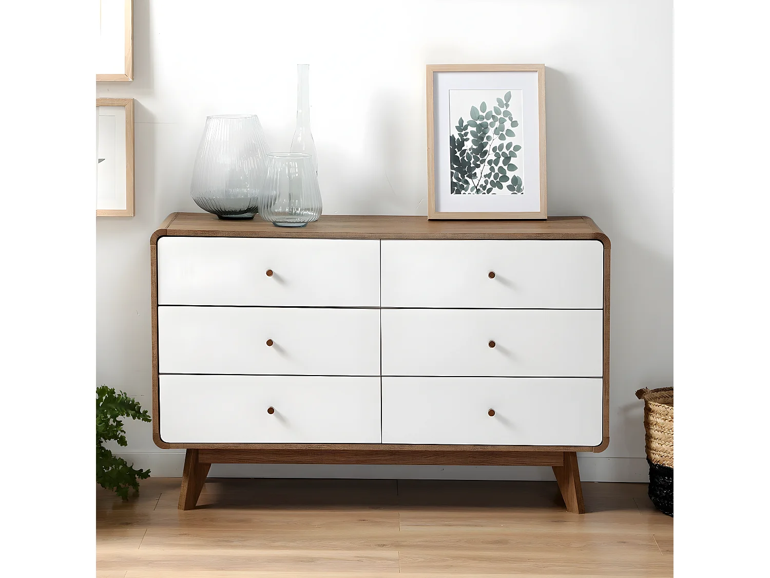 Commode 6 Tiroirs Décor Bois et Blanc - ALBURA