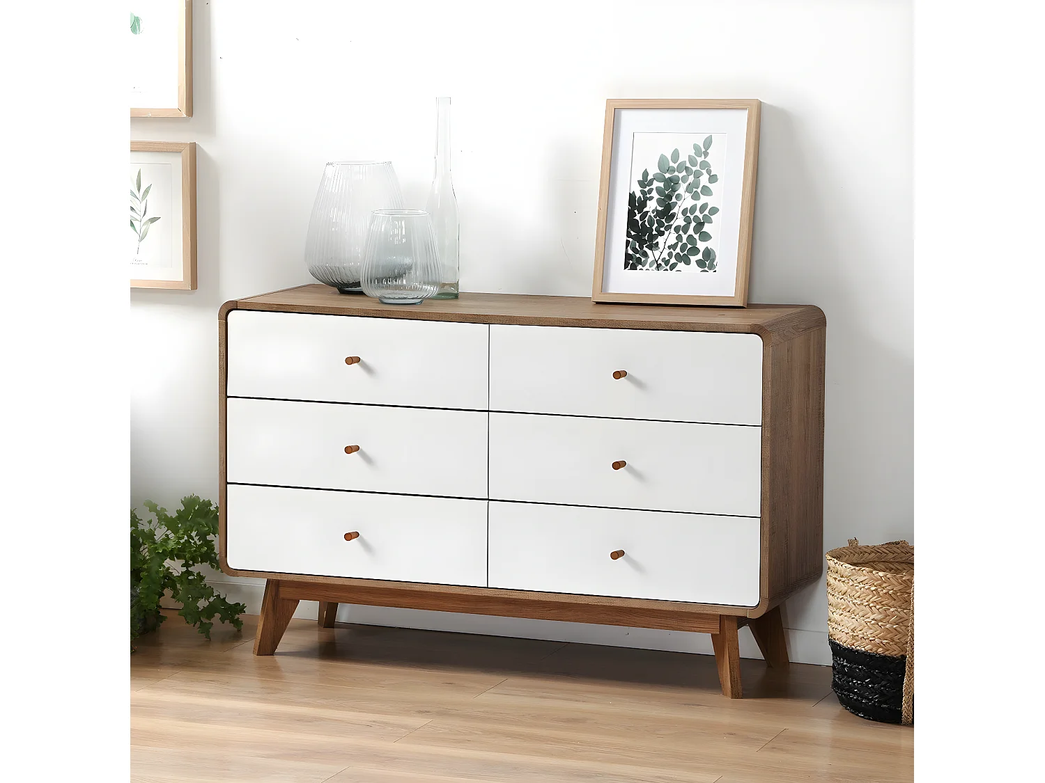 Commode 6 Tiroirs Décor Bois et Blanc - ALBURA