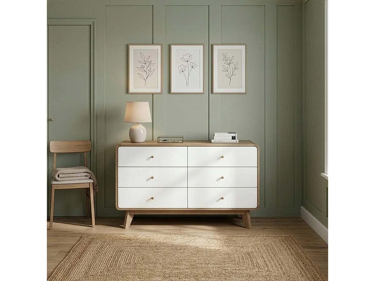 Commode 6 Tiroirs Décor Bois et Blanc - ALBURA