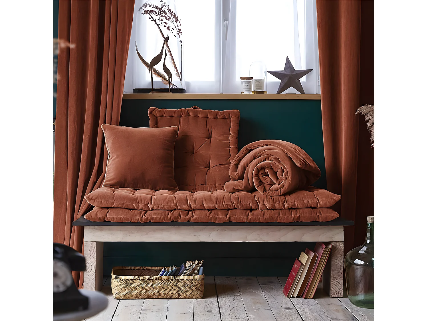 HARRIS - Coussin Déhoussable 45x45cm Velours de Coton Coloris Terracotta