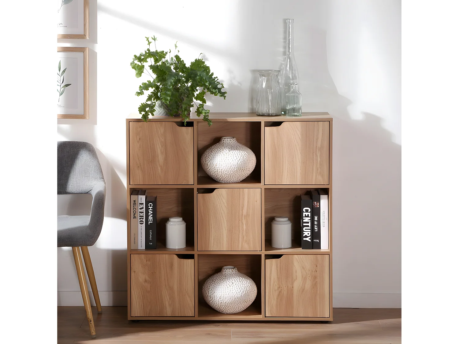 Meuble 9 cases avec 5 portes décor bois L89cm - MODU