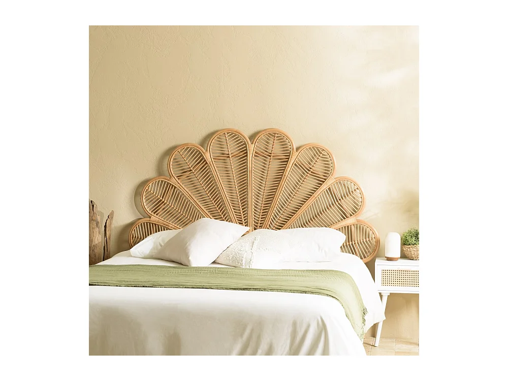 KALLY - Tête de lit demi-lune 140/160cm 'fleur' rotin couleur brun miel