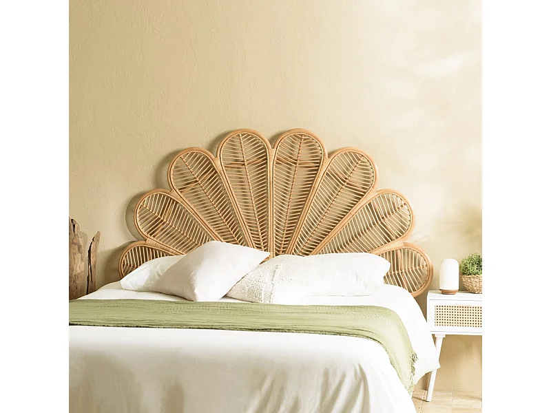 KALLY - Tête de lit demi-lune 140/160cm 'fleur' rotin couleur beige