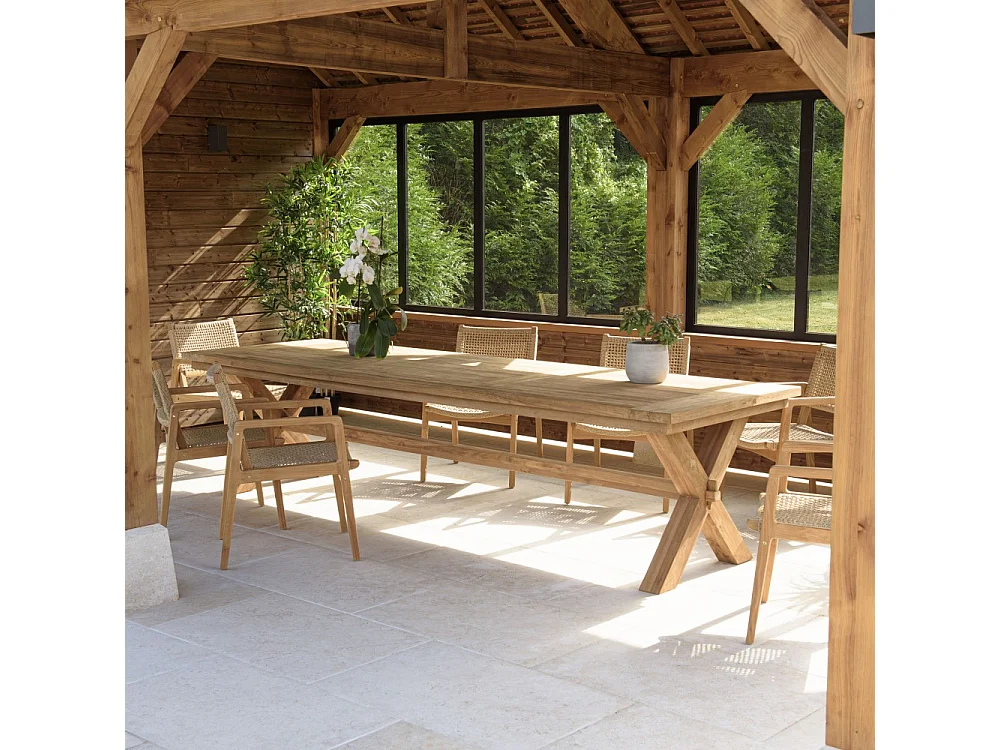 KALLY - Table à manger de jardin 320cm bois teck recyclé pieds croisés