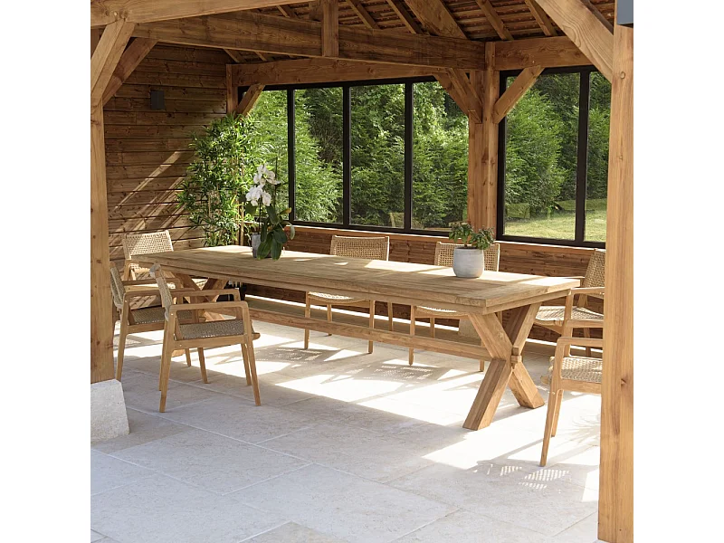 KALLY - Table à manger de jardin 320cm bois teck recyclé pieds croisés