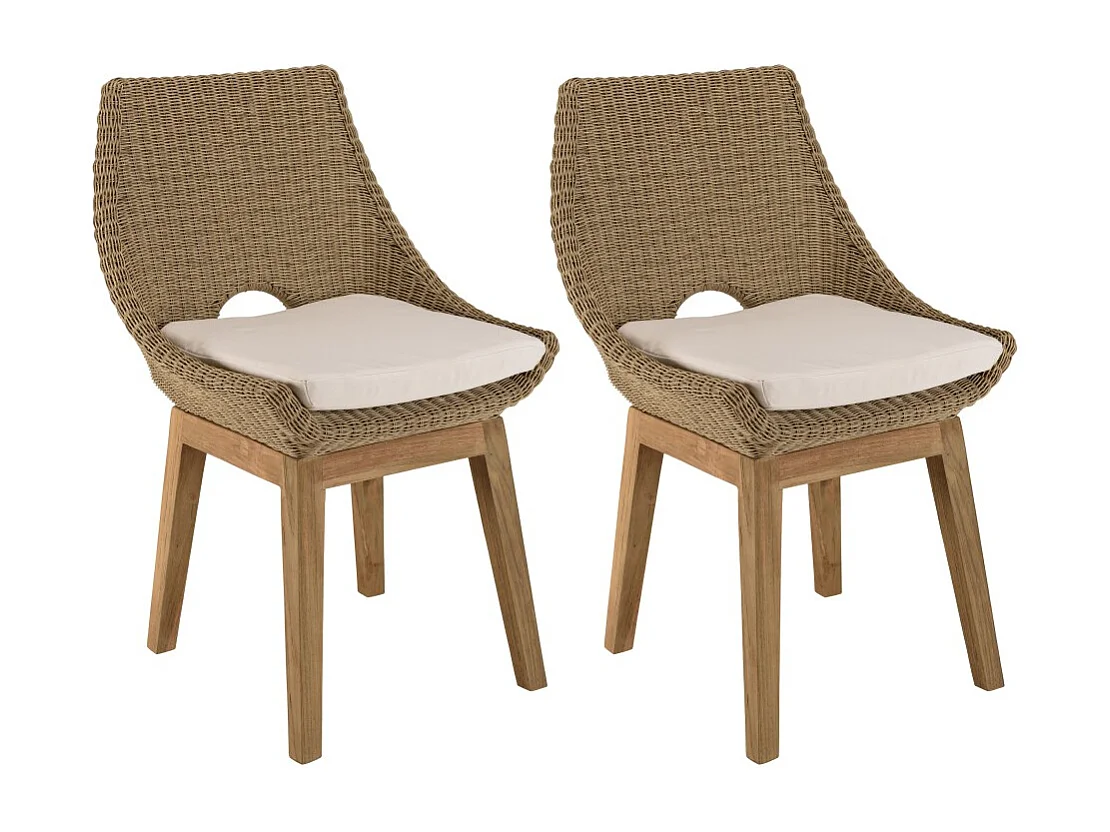 KALLY - Lot de 2 chaises jardin rotin synth. et coussin pieds droits