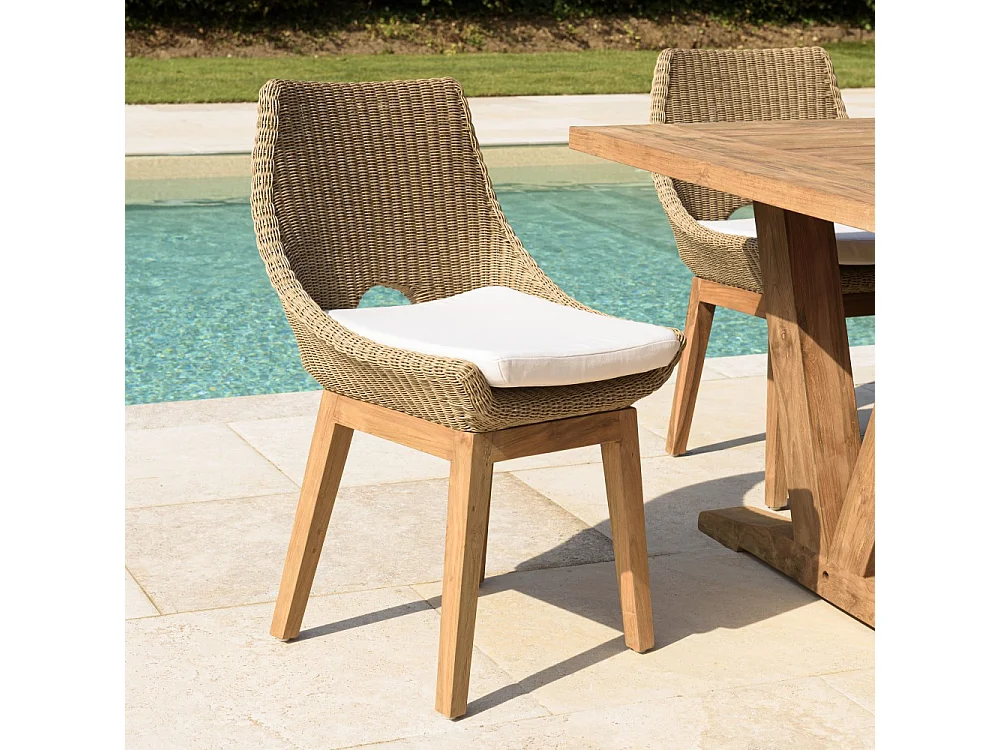 KALLY - Lot de 2 chaises jardin rotin synth. et coussin pieds droits