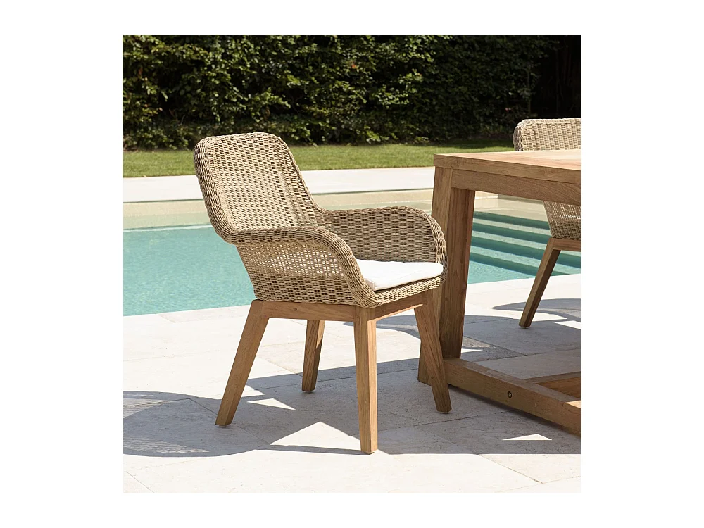 KALLY - Lot de 2 fauteuils jardin rotin synthétique et coussin, pieds droits