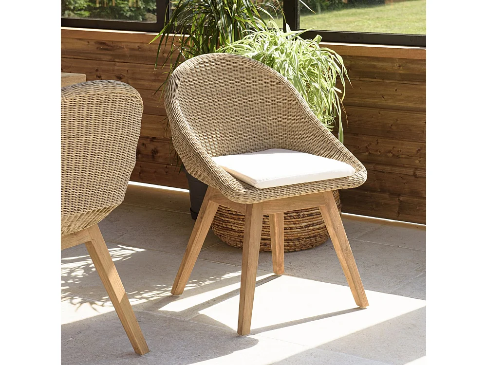 KALLY - Lot 2 chaises jardin rotin synth. avec coussin pieds évasés