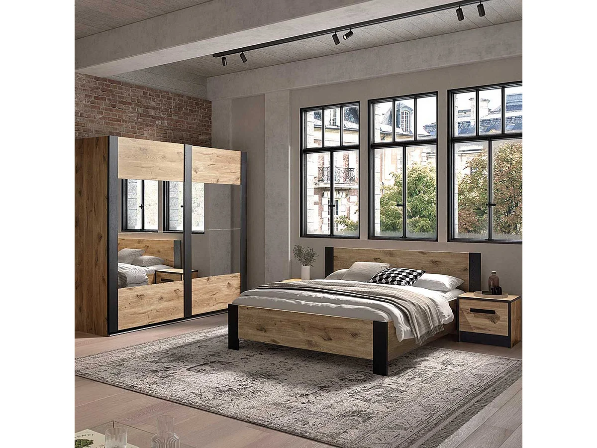 COPOLA - Armoire 2 Portes Coulissantes avec Miroir Aspect Bois Naturel et Noir