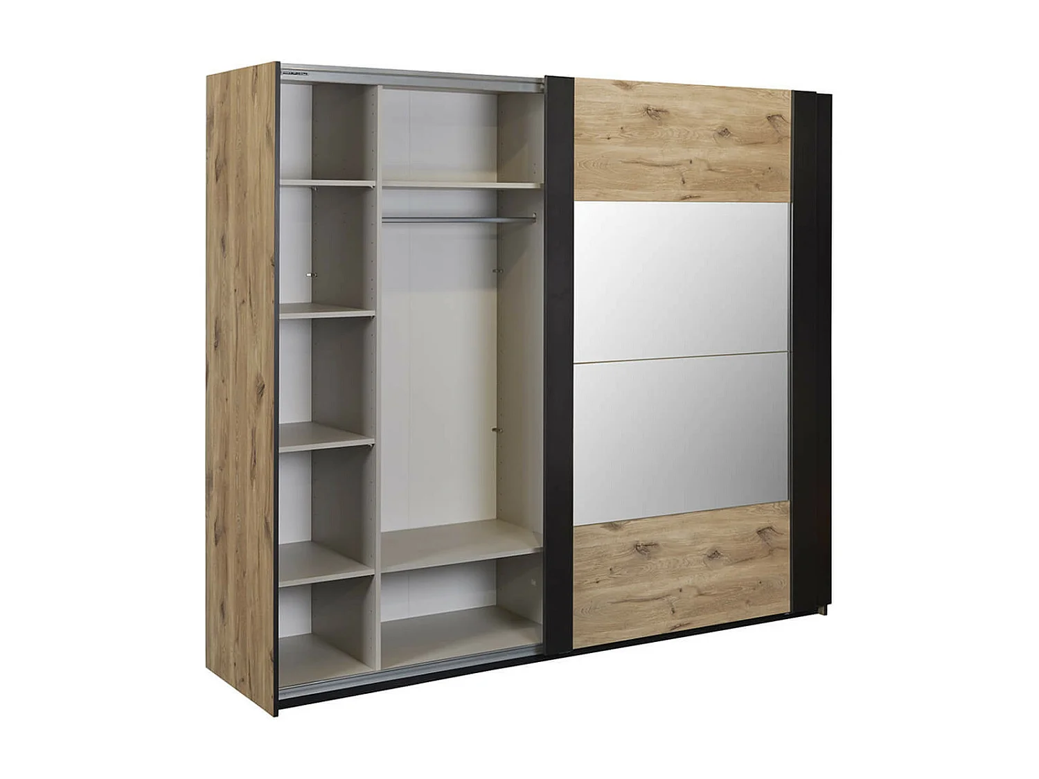 COPOLA - Armoire 2 Portes Coulissantes avec Miroir Aspect Bois Naturel et Noir