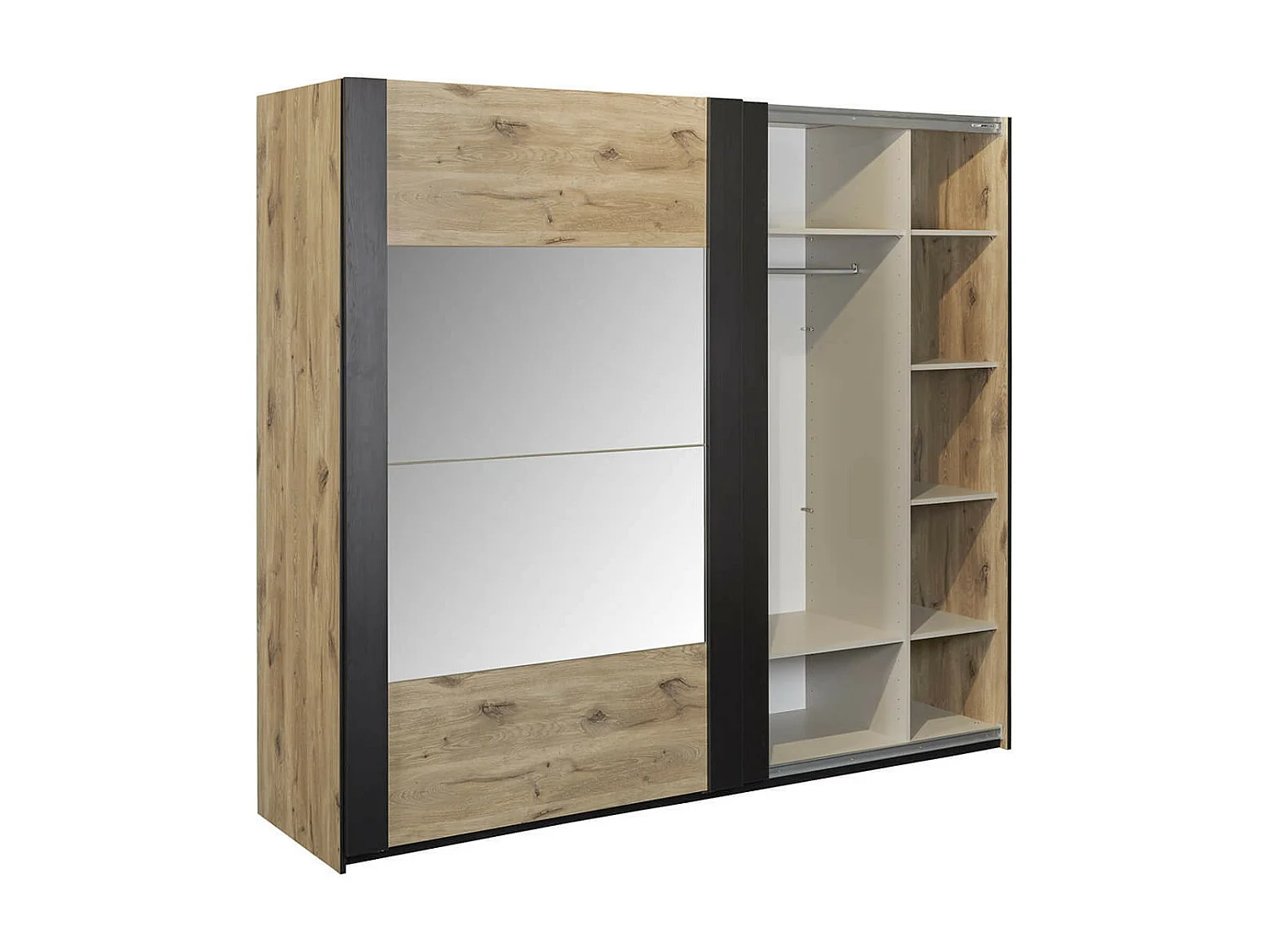 COPOLA - Armoire 2 Portes Coulissantes avec Miroir Aspect Bois Naturel et Noir