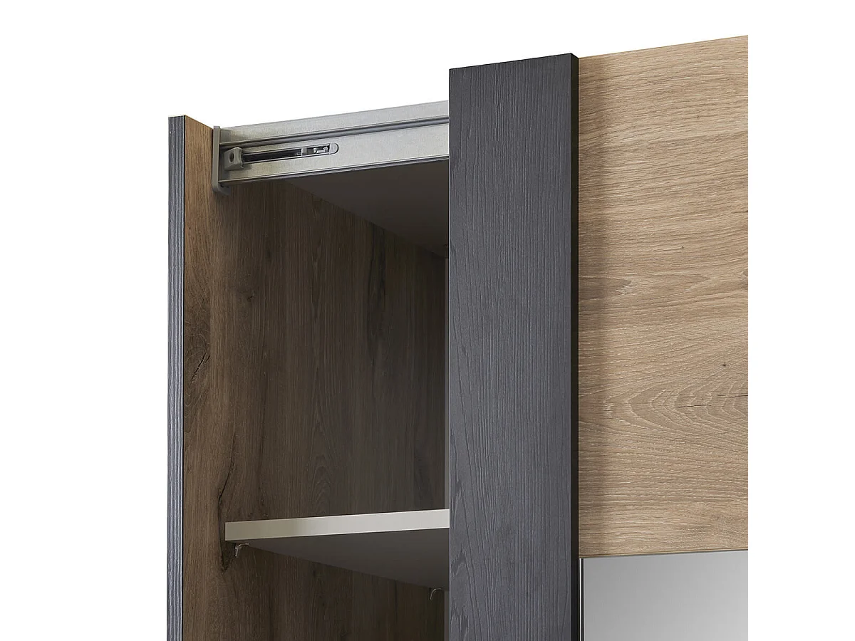 COPOLA - Armoire 2 Portes Coulissantes avec Miroir Aspect Bois Naturel et Noir