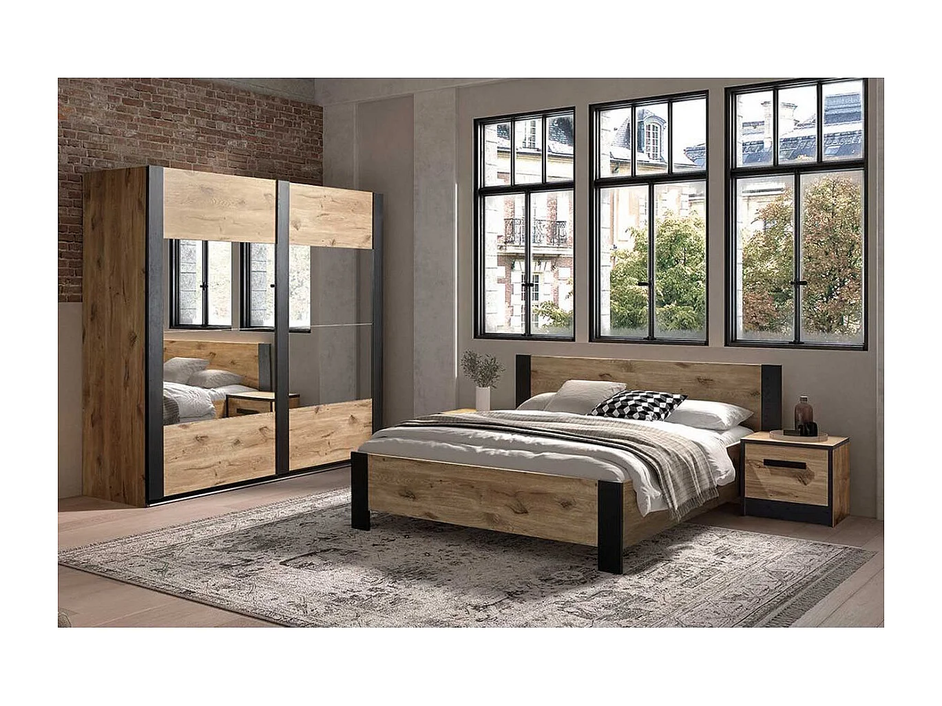 COPOLA - Armoire 2 Portes Coulissantes avec Miroir Aspect Bois Naturel et Noir