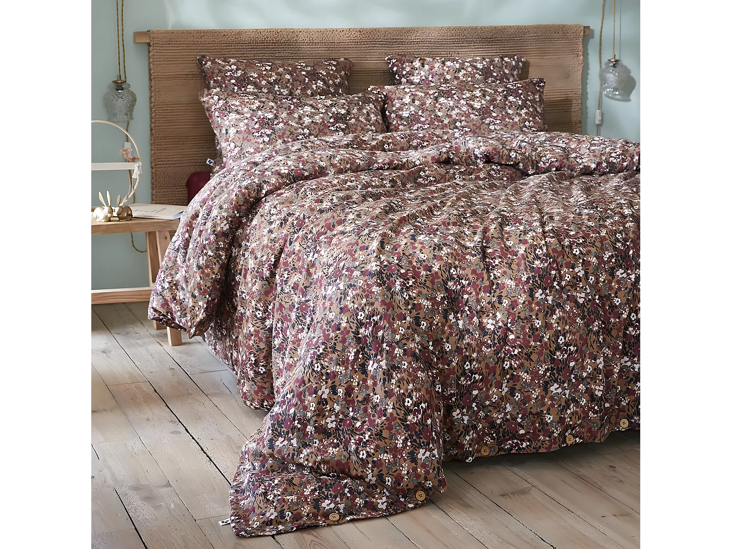 ADONIS BRUN - Housse de Couette 240x220cm Gaze de Coton Fond Brun Motifs Fleurs