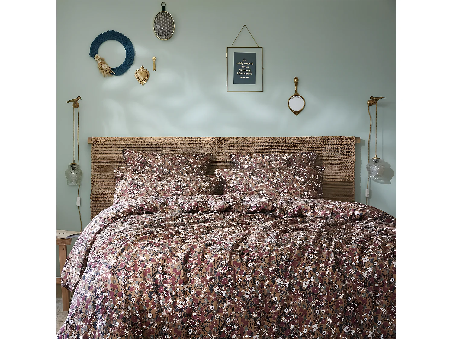 ADONIS BRUN - Housse de Couette 240x220cm Gaze de Coton Fond Brun Motifs Fleurs