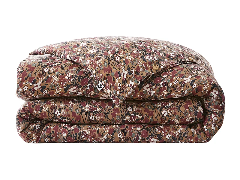 ADONIS BRUN - Housse de Couette 260x240cm Gaze de Coton Fond Brun Motifs Fleurs