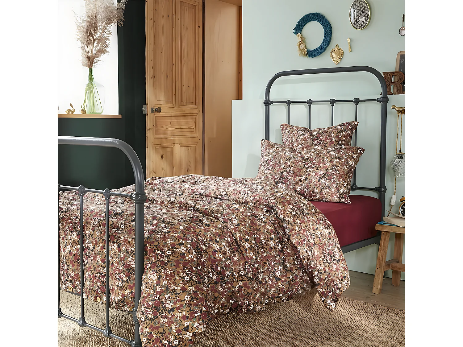 ADONIS BRUN - Housse de Couette 140x200cm Gaze de Coton Fond Brun Motifs Fleurs