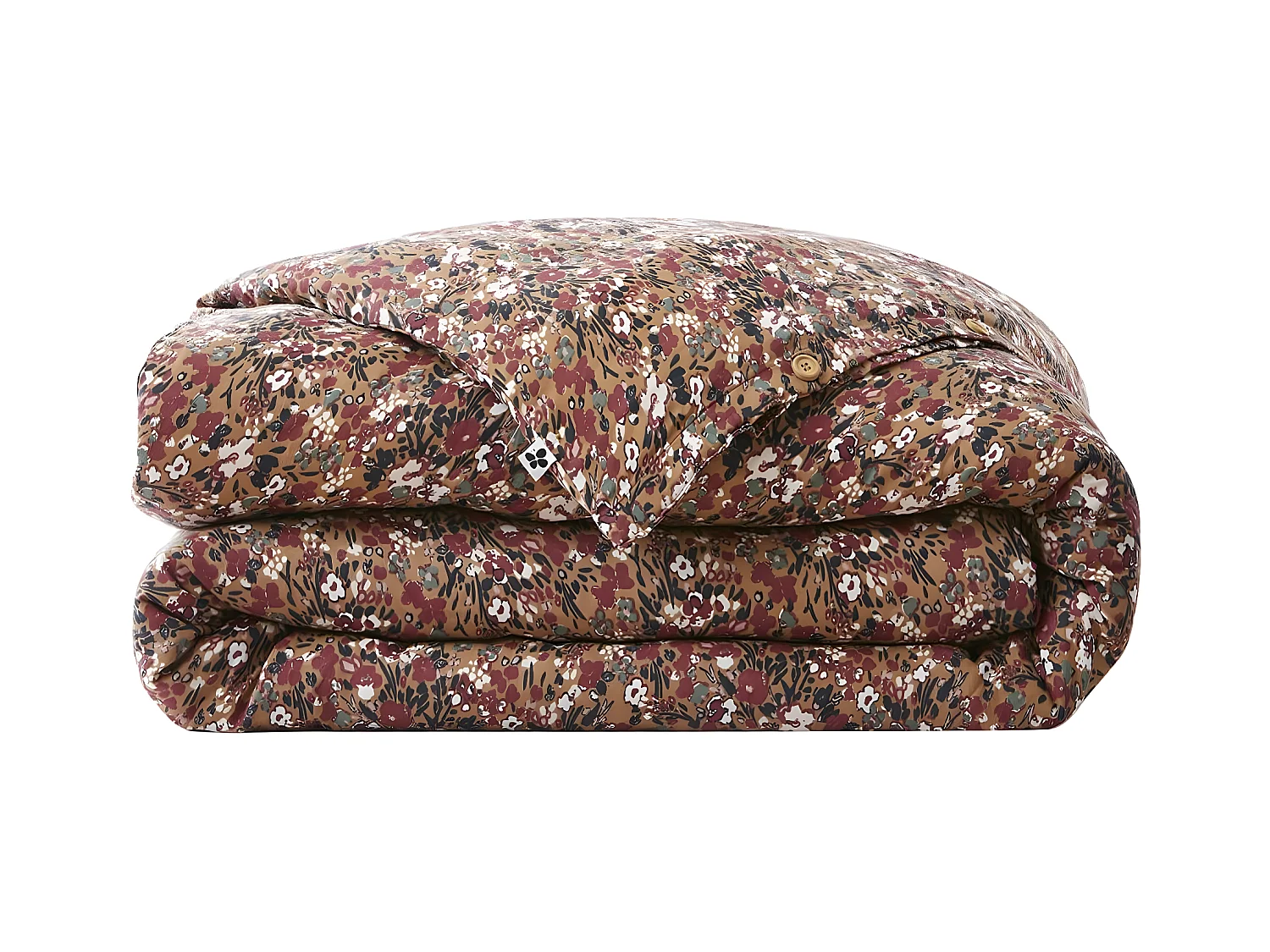 ADONIS BRUN - Housse de Couette 200x200cm Gaze de Coton Fond Brun Motifs Fleurs