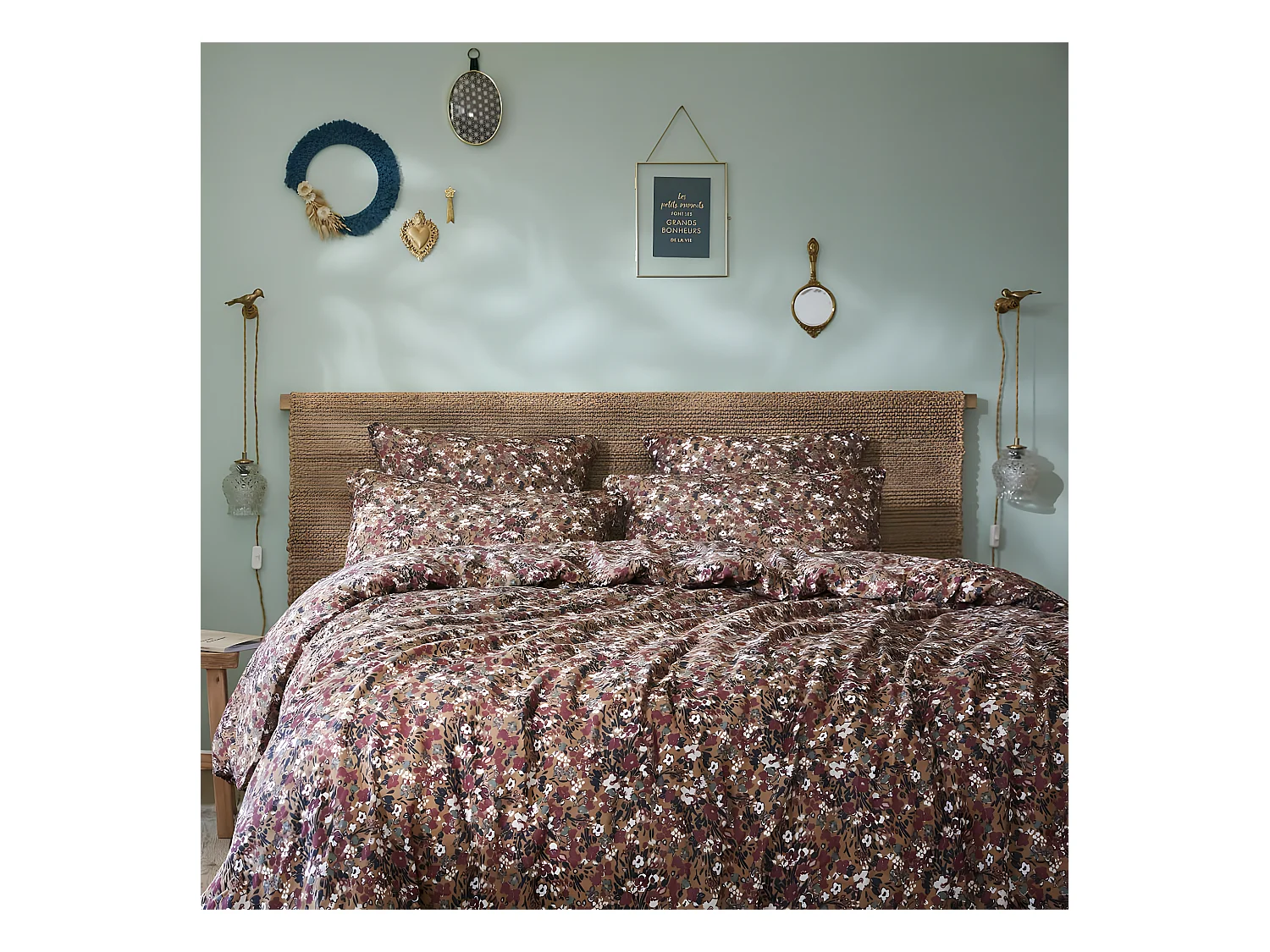 ADONIS BRUN - Housse de Couette 200x200cm Gaze de Coton Fond Brun Motifs Fleurs