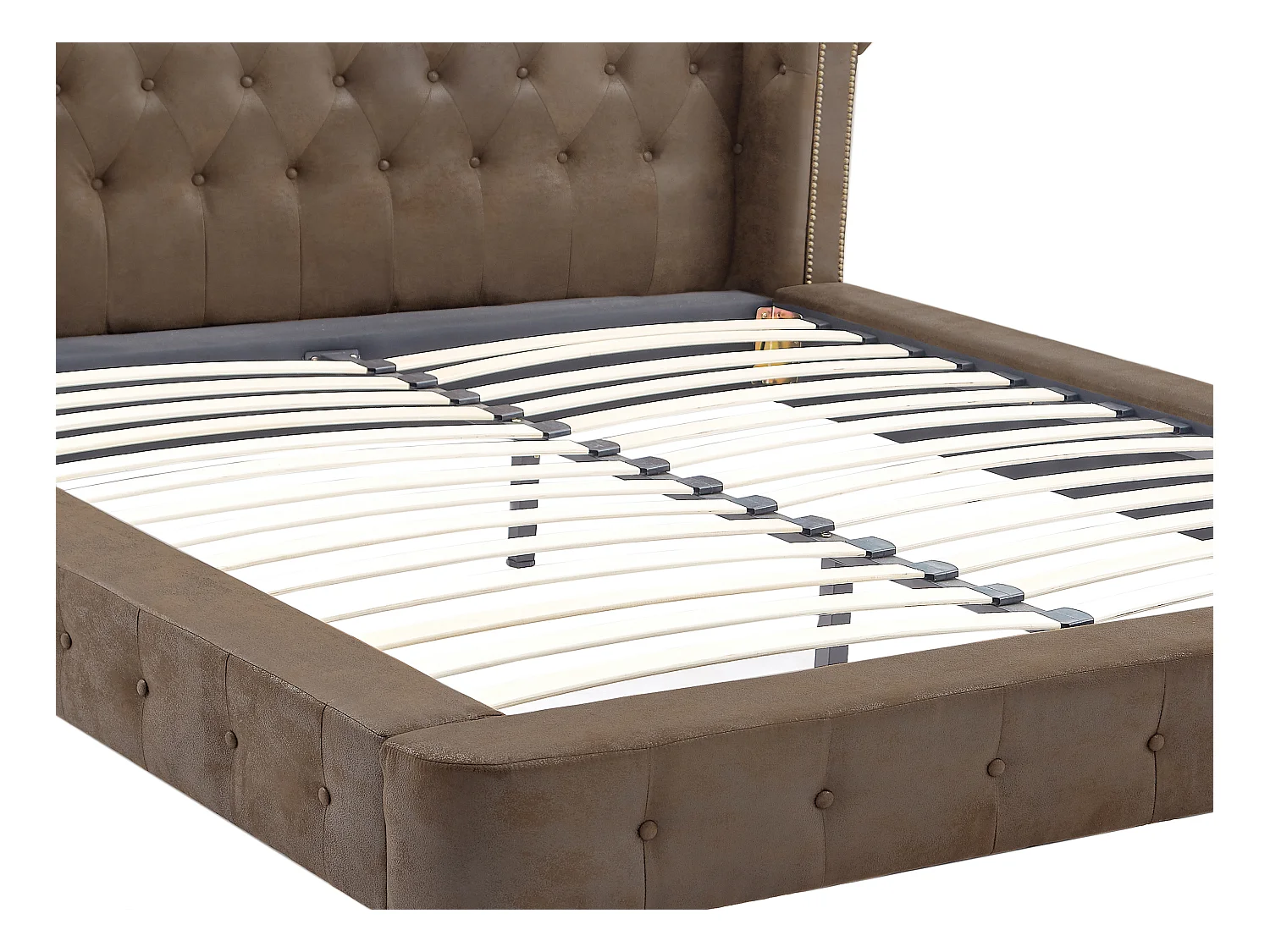 Chesterfield-Bett + Matratze - 160 x 200 cm - Stoff - Vintage-Leder-Optik - Braun - TONGERLA