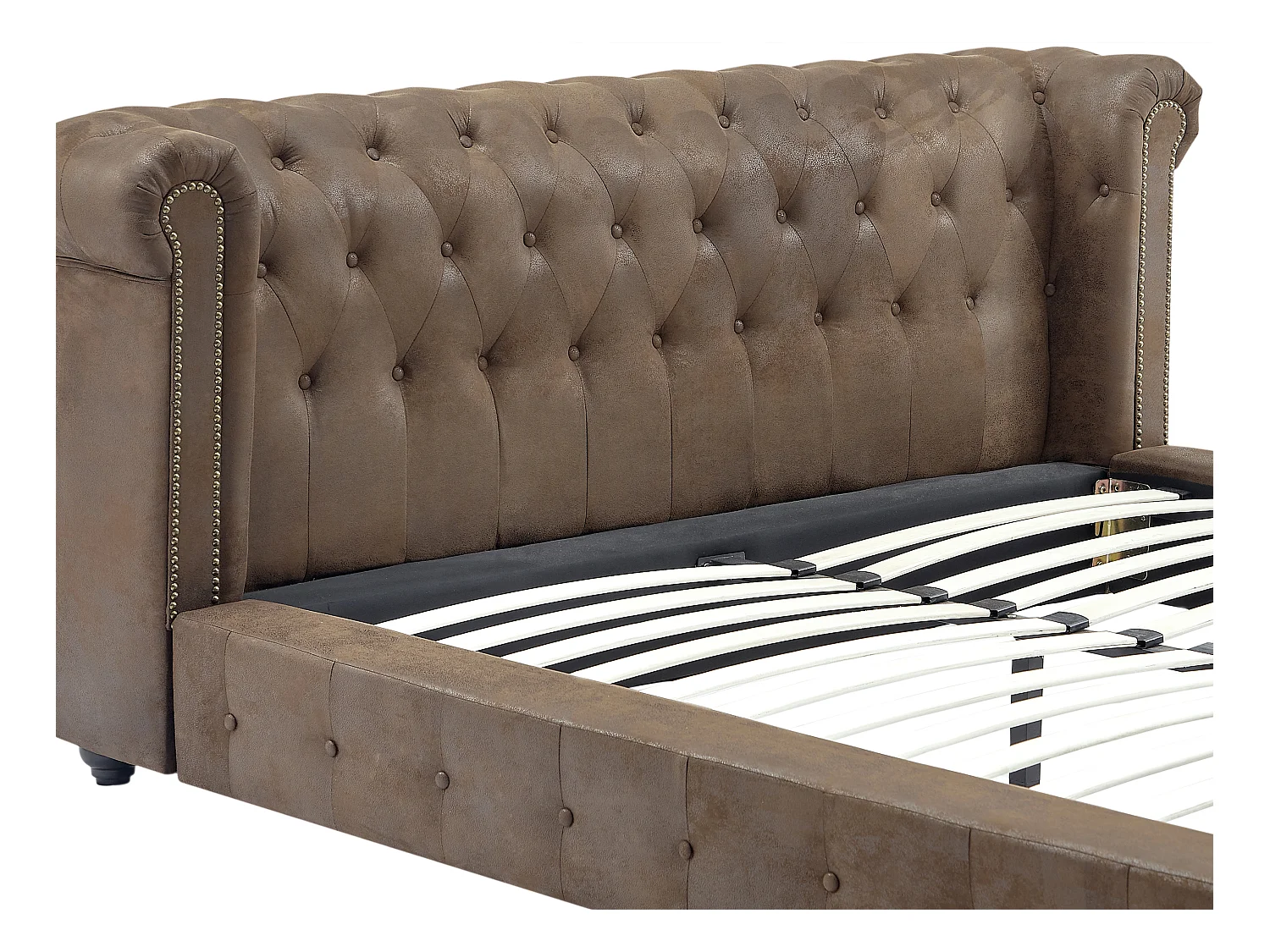 Chesterfield-Bett + Matratze - 160 x 200 cm - Stoff - Vintage-Leder-Optik - Braun - TONGERLA