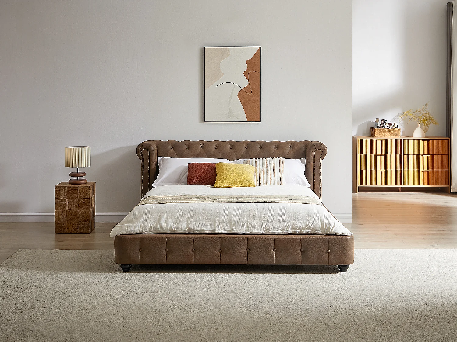 Chesterfield-Bett + Matratze - 160 x 200 cm - Stoff - Vintage-Leder-Optik - Braun - TONGERLA