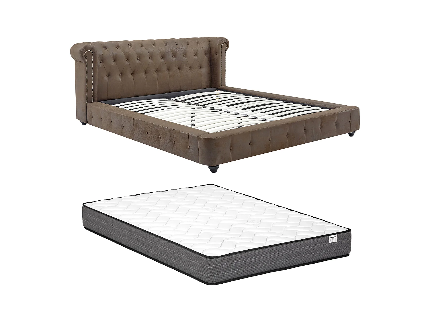 Lit chesterfield 160 x 200 cm - Tissu effet cuir vieilli - Marron + Matelas - TONGERLA