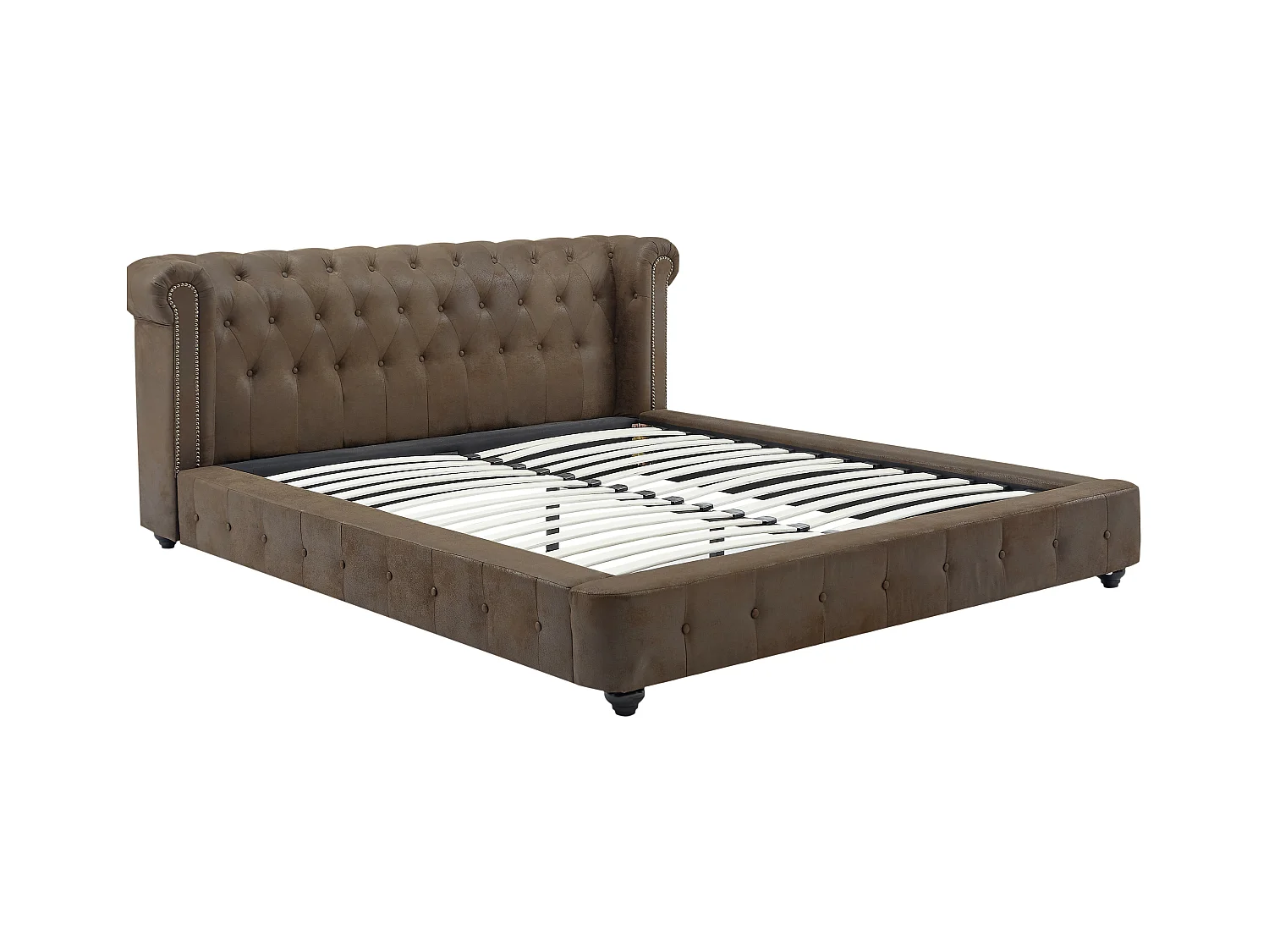 Lit chesterfield 160 x 200 cm - Tissu effet cuir vieilli - Marron + Matelas - TONGERLA