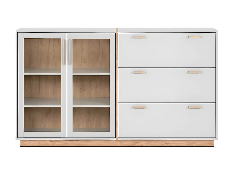 Sideboard 3 Schubladen und 2 Glastüren Dekor Weiß und Holz B162,5 cm - SPLIT