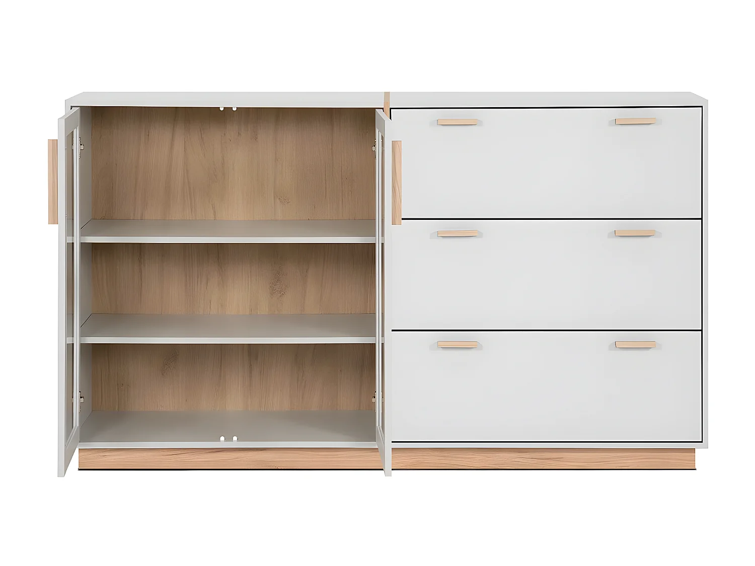 Buffet 3 Tiroirs et 2 Portes Vitrées Décor Blanc et Bois L162,5 cm - SPLIT