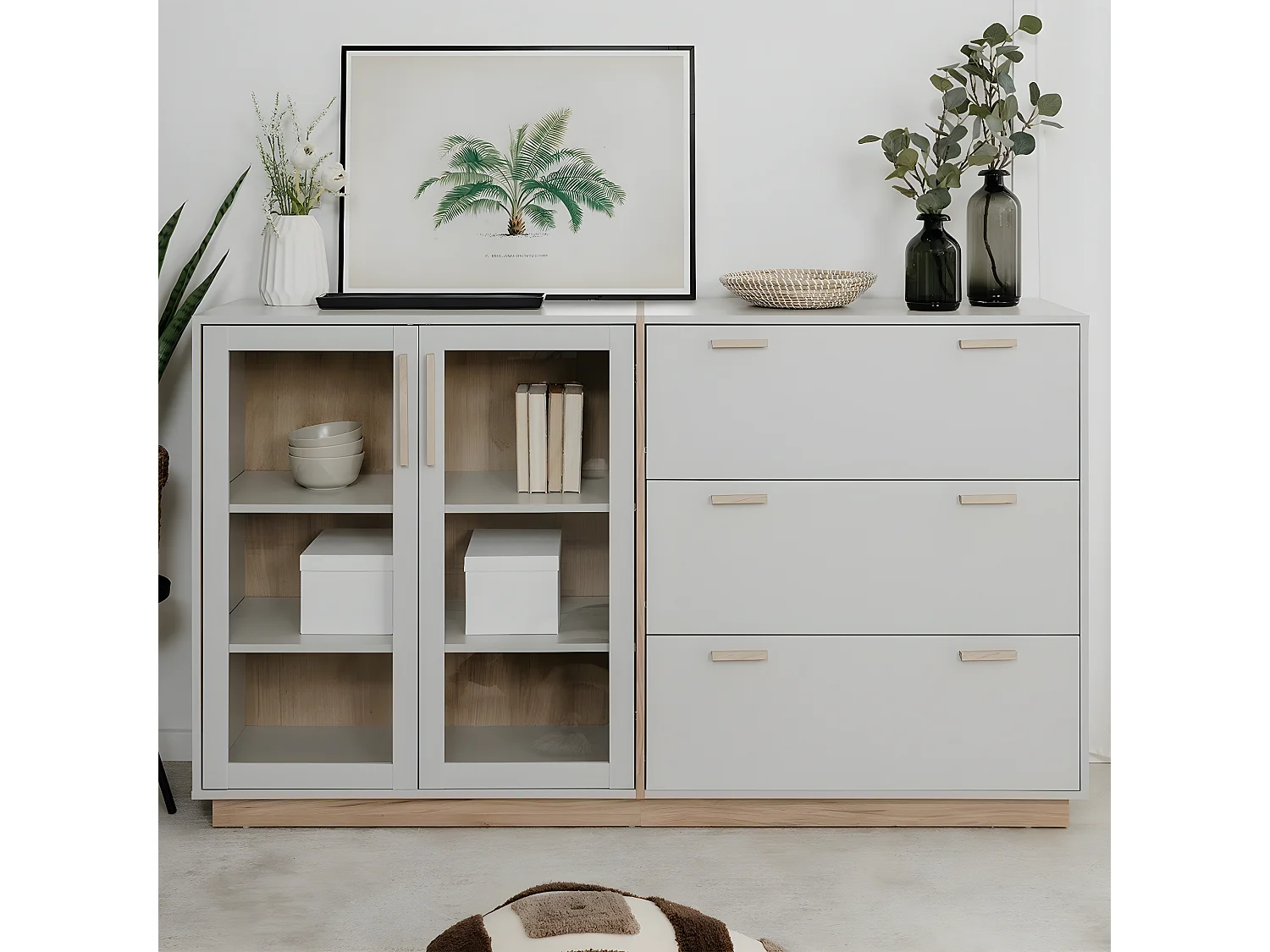 Buffet 3 Tiroirs et 2 Portes Vitrées Décor Blanc et Bois L162,5 cm - SPLIT