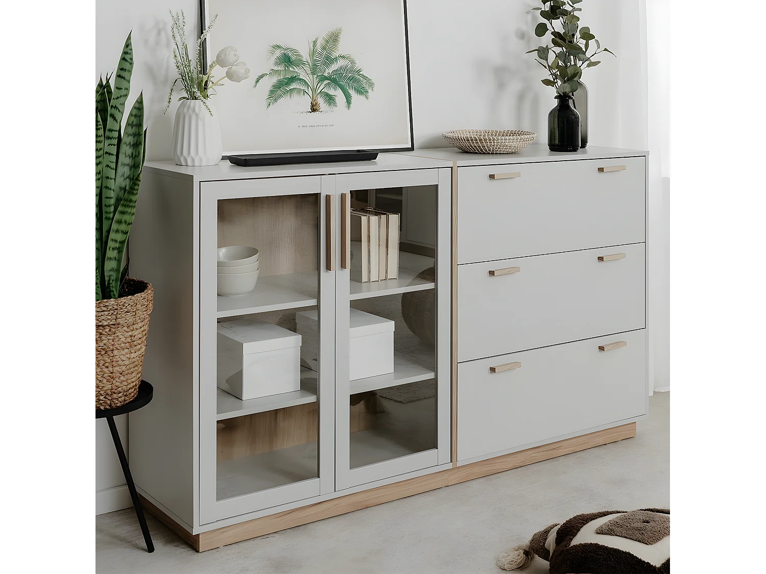 Buffet 3 Tiroirs et 2 Portes Vitrées Décor Blanc et Bois L162,5 cm - SPLIT