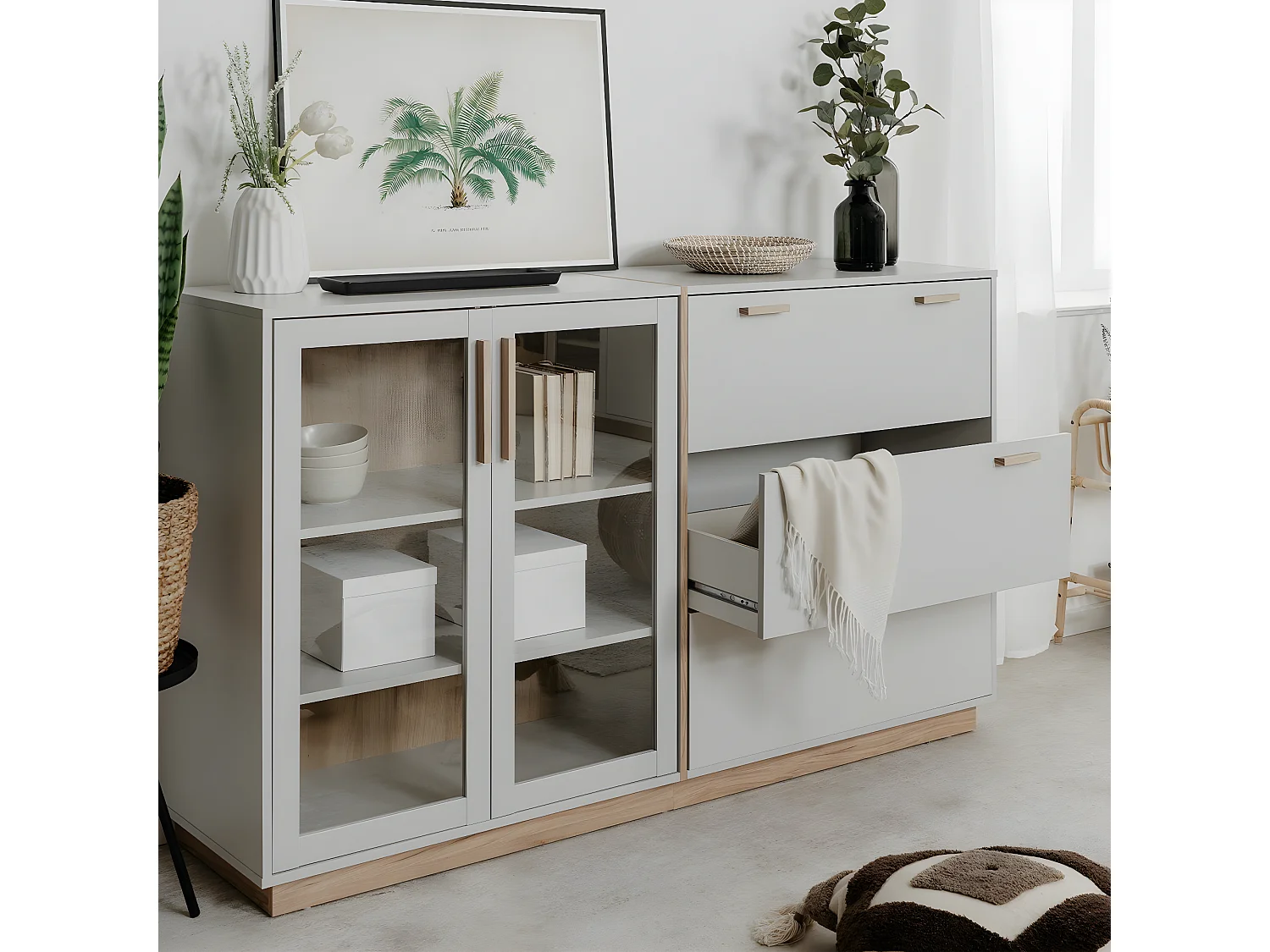 Buffet 3 Tiroirs et 2 Portes Vitrées Décor Blanc et Bois L162,5 cm - SPLIT