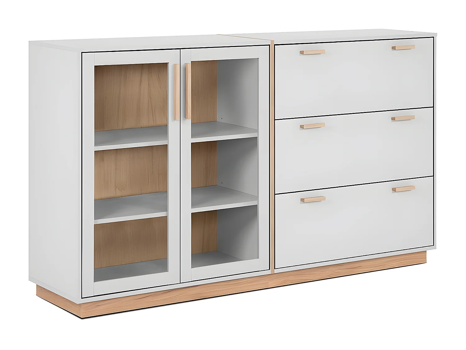 Buffet 3 Tiroirs et 2 Portes Vitrées Décor Blanc et Bois L162,5 cm - SPLIT