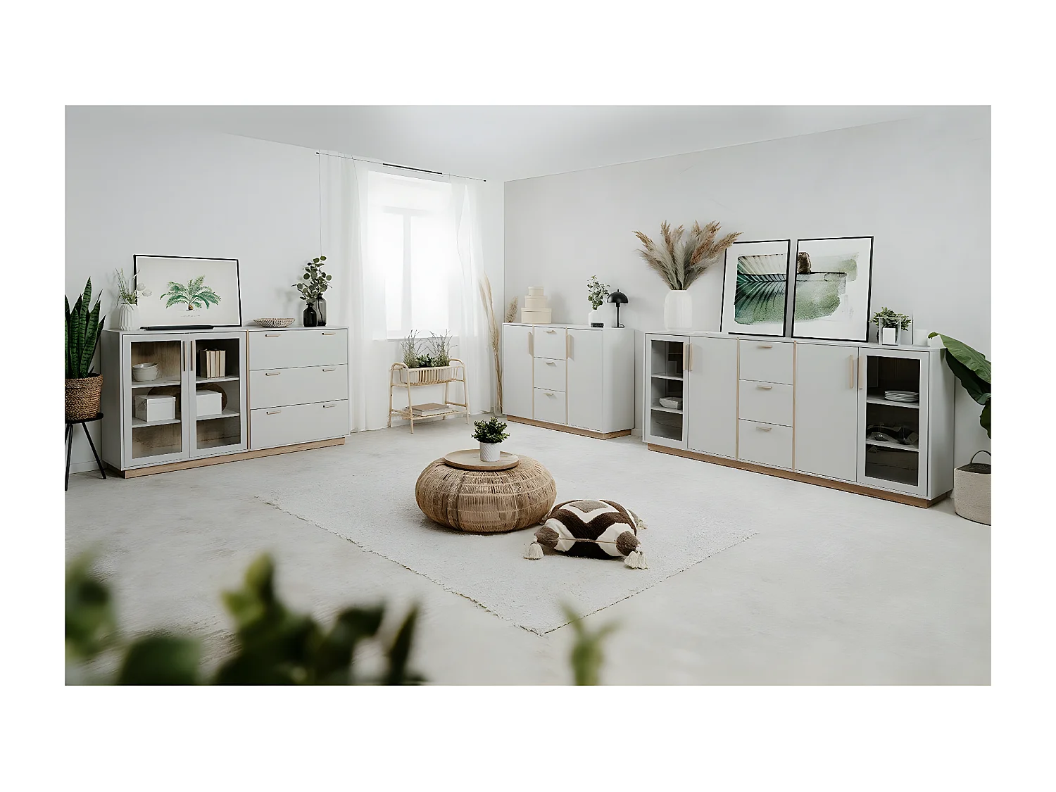 Buffet 3 Tiroirs et 2 Portes Vitrées Décor Blanc et Bois L162,5 cm - SPLIT