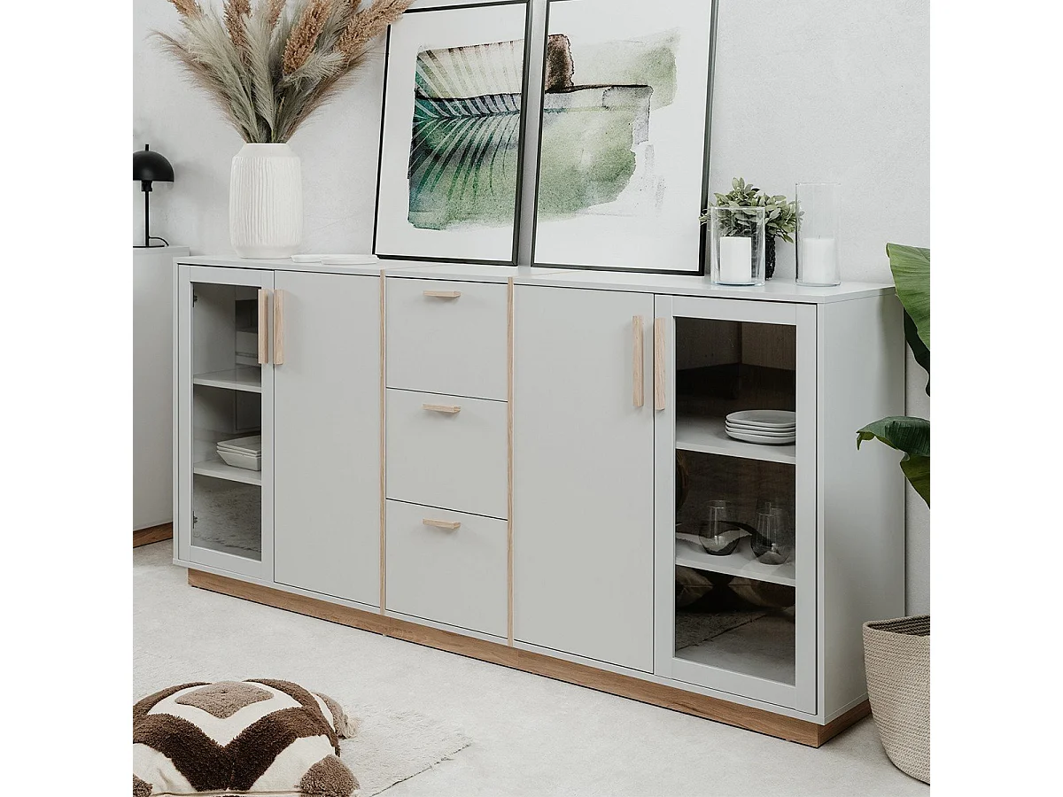 Sideboard 4 Türen und 3 Schubladen Dekor Weiß und Holz B204 cm - SPLIT