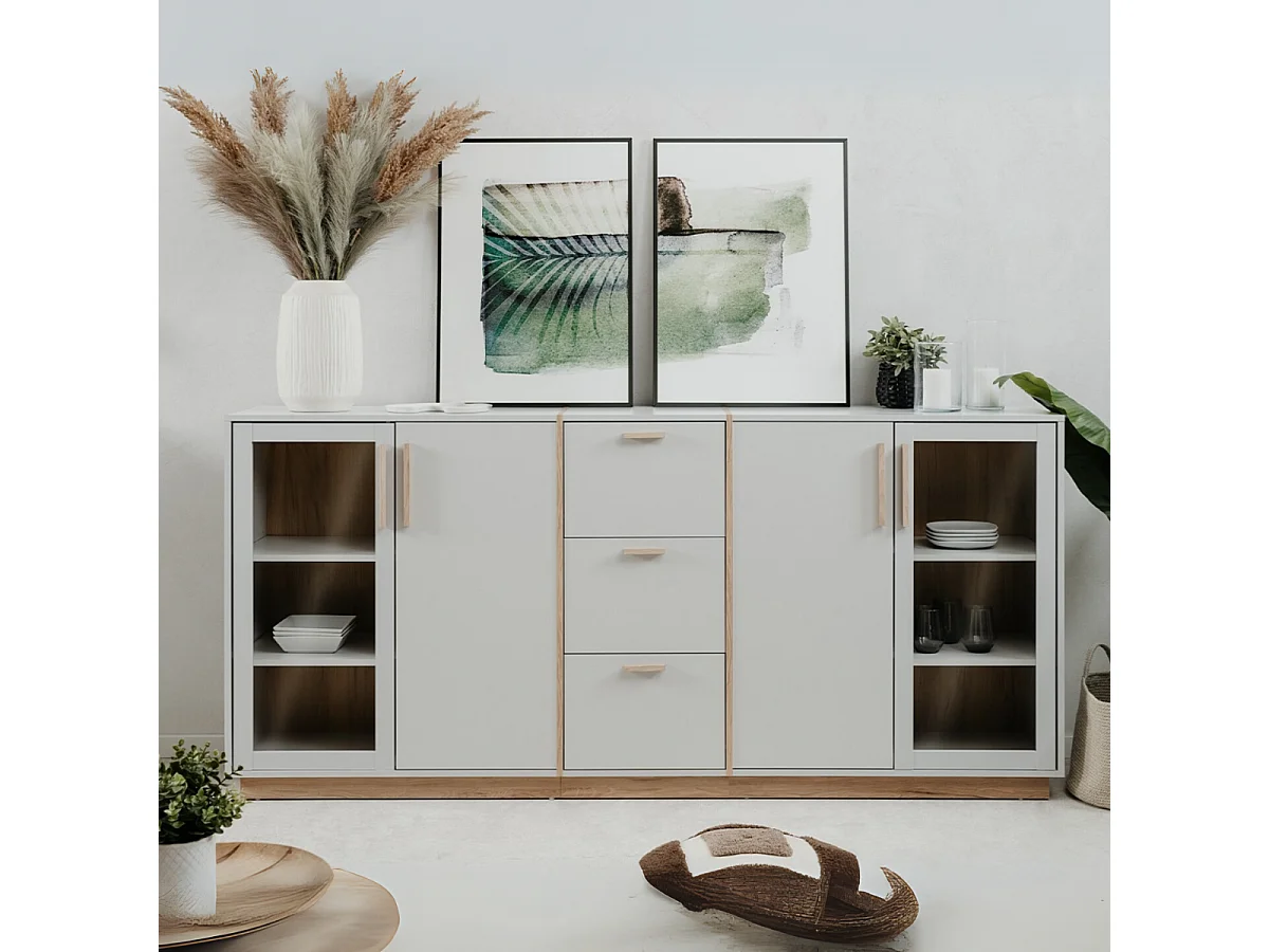 Sideboard 4 Türen und 3 Schubladen Dekor Weiß und Holz B204 cm - SPLIT