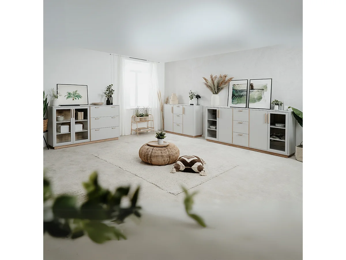 Sideboard 4 Türen und 3 Schubladen Dekor Weiß und Holz B204 cm - SPLIT