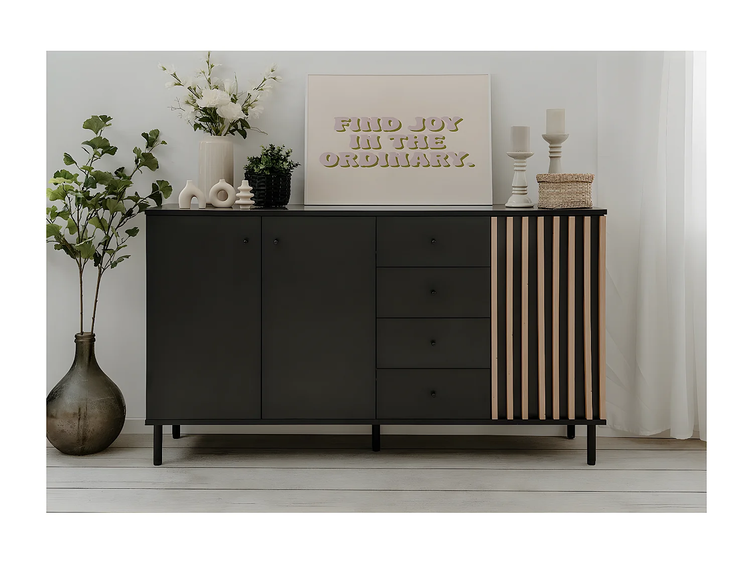 Sideboard 3 Türen und 4 Schubladen Schwarz und Holz B160 cm - MONZA