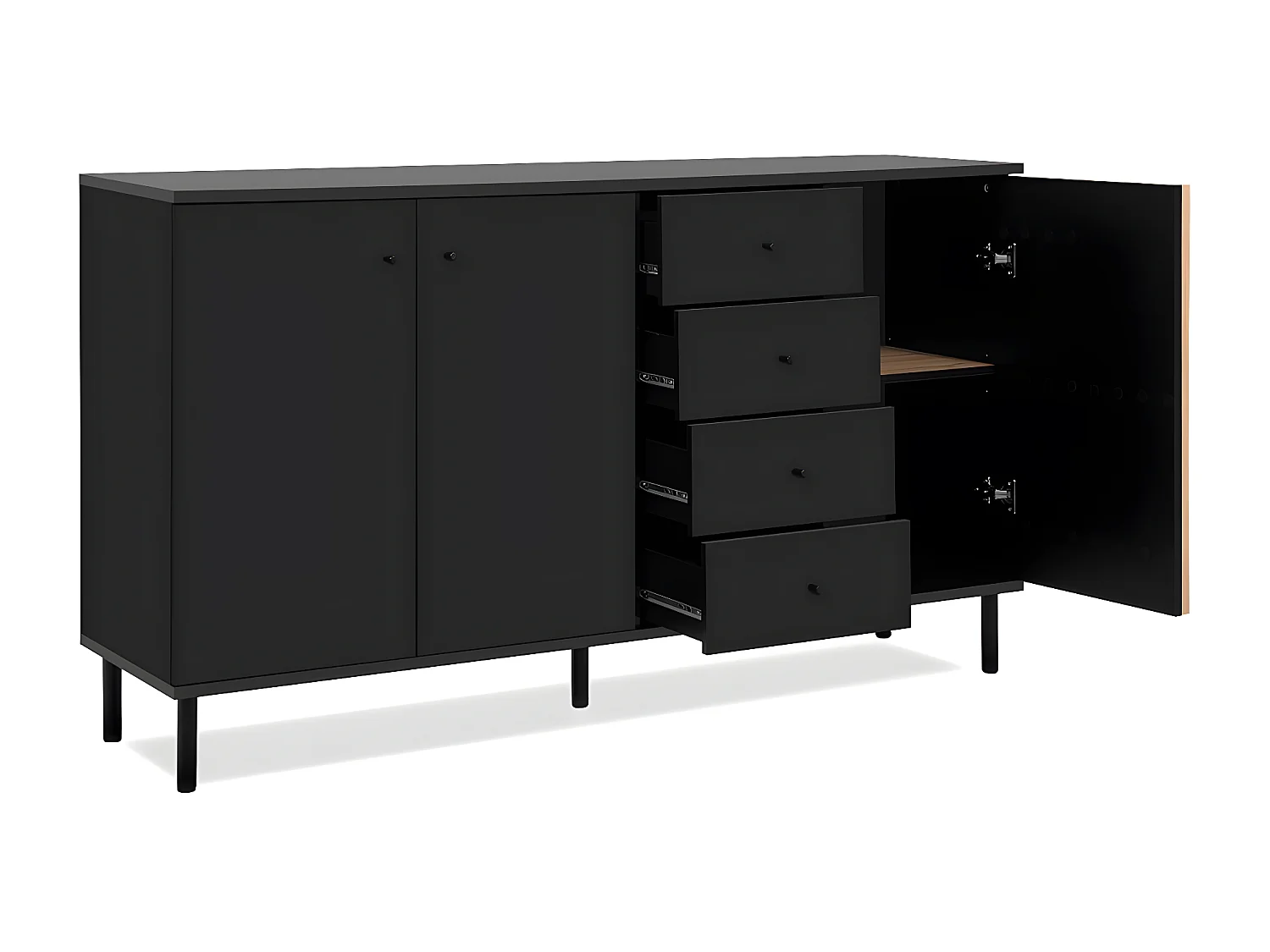Sideboard 3 Türen und 4 Schubladen Schwarz und Holz B160 cm - MONZA